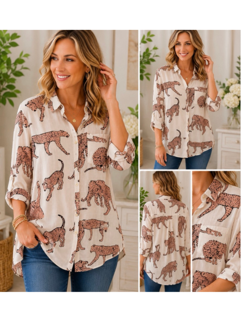 Women's Cupshe Beige & brown Leopard Print Button Down Shirt L